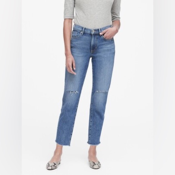 Banana Republic High Rise Straight Leg Jeans Distressed Raw Hem Blue Size 0/25 - Picture 1 of 14